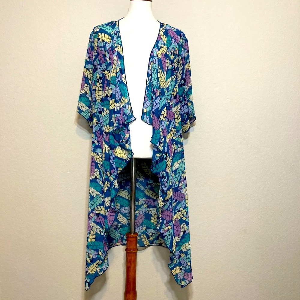 LULAROE Feather Print Long Open Duster Kimono Multi Color Size Medium